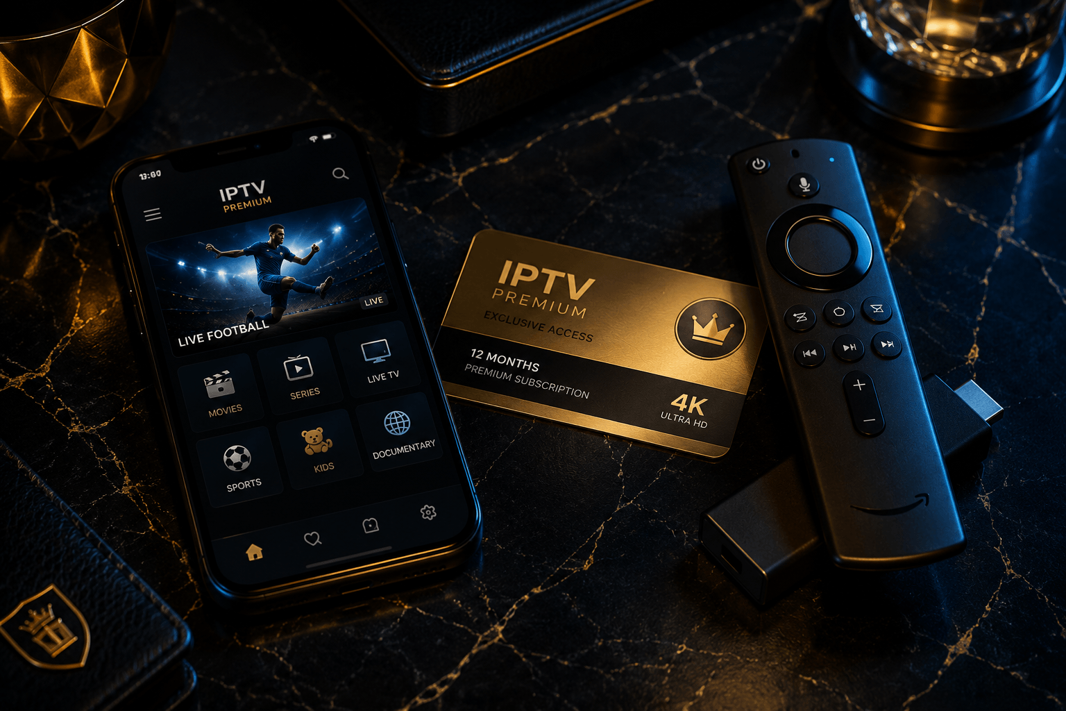 Premium dark flat-lay on black marble: smartphone, Firestick remote, and a gold subscription card. Soft gold and blue accent lighting, luxury product photography style, shallow depth of field.